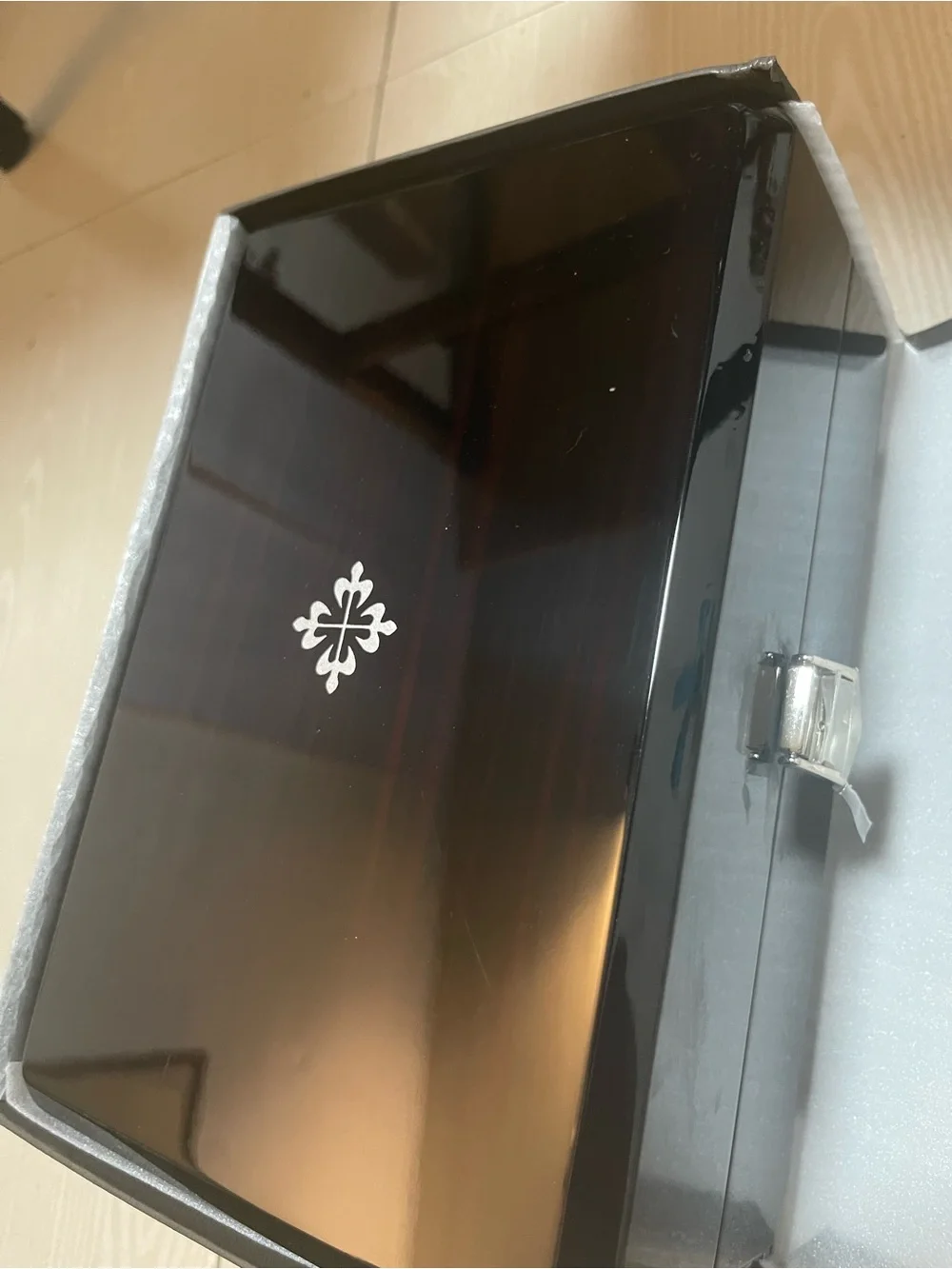 Patek Philippe Black Lacquer Watch Presentation Box with Silver Emblem